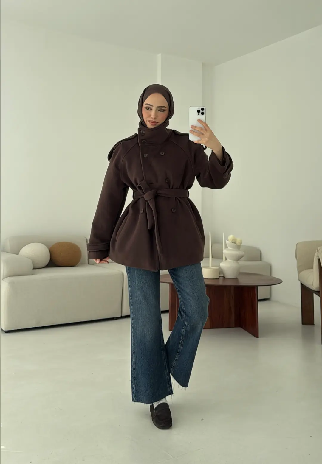 Kuşaklı Oversize Kaşe Kaban Kahve - Görsel 9