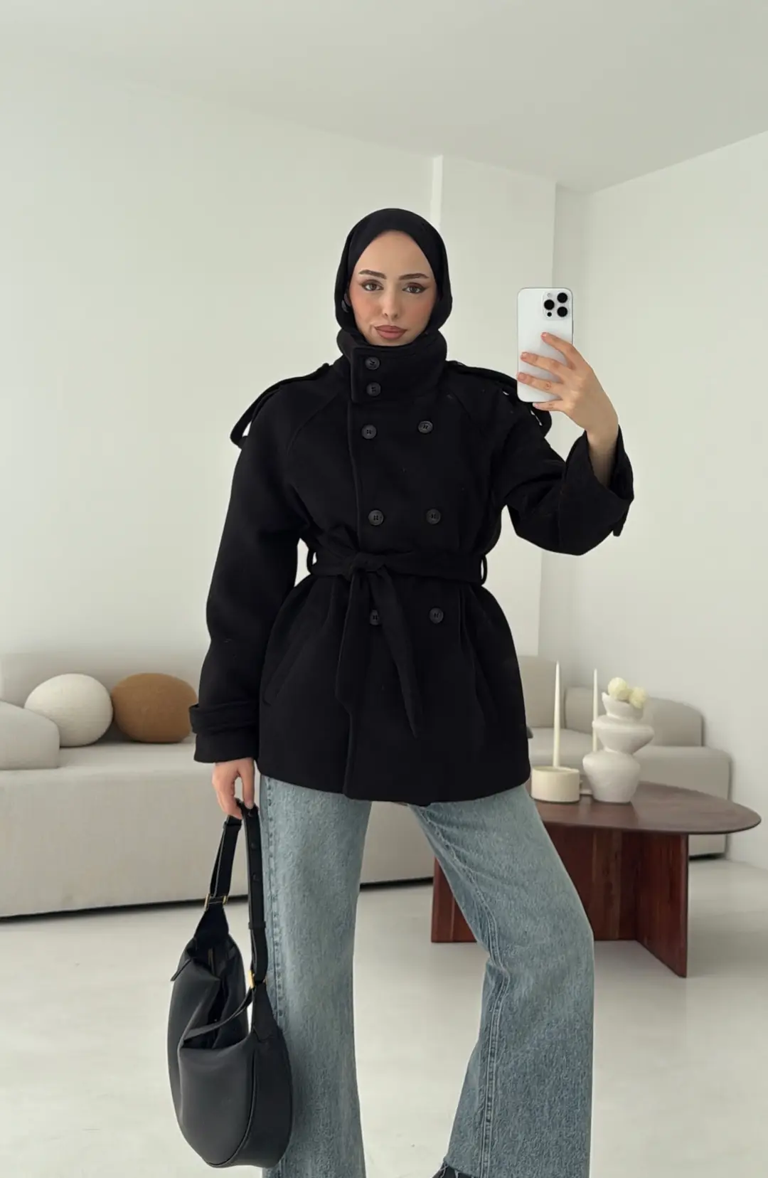 Kuşaklı Oversize Kaşe Kaban Siyah