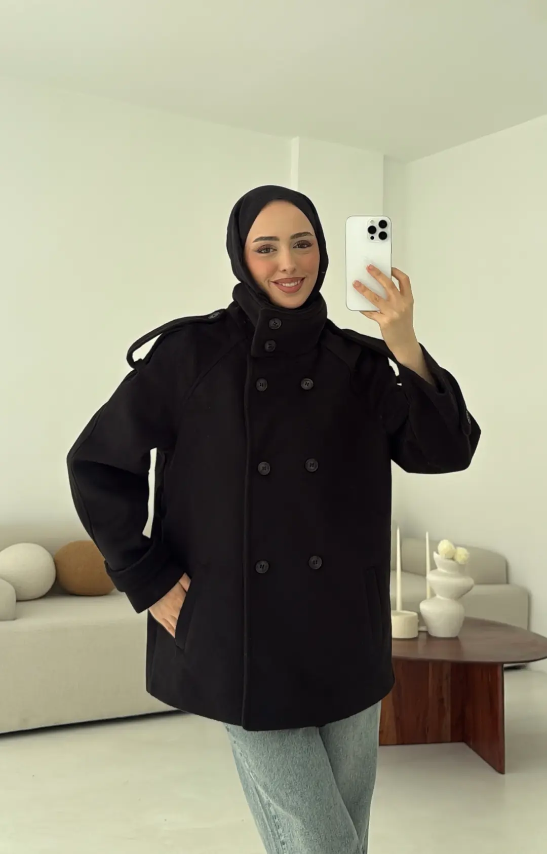 Kuşaklı Oversize Kaşe Kaban Siyah - Görsel 2