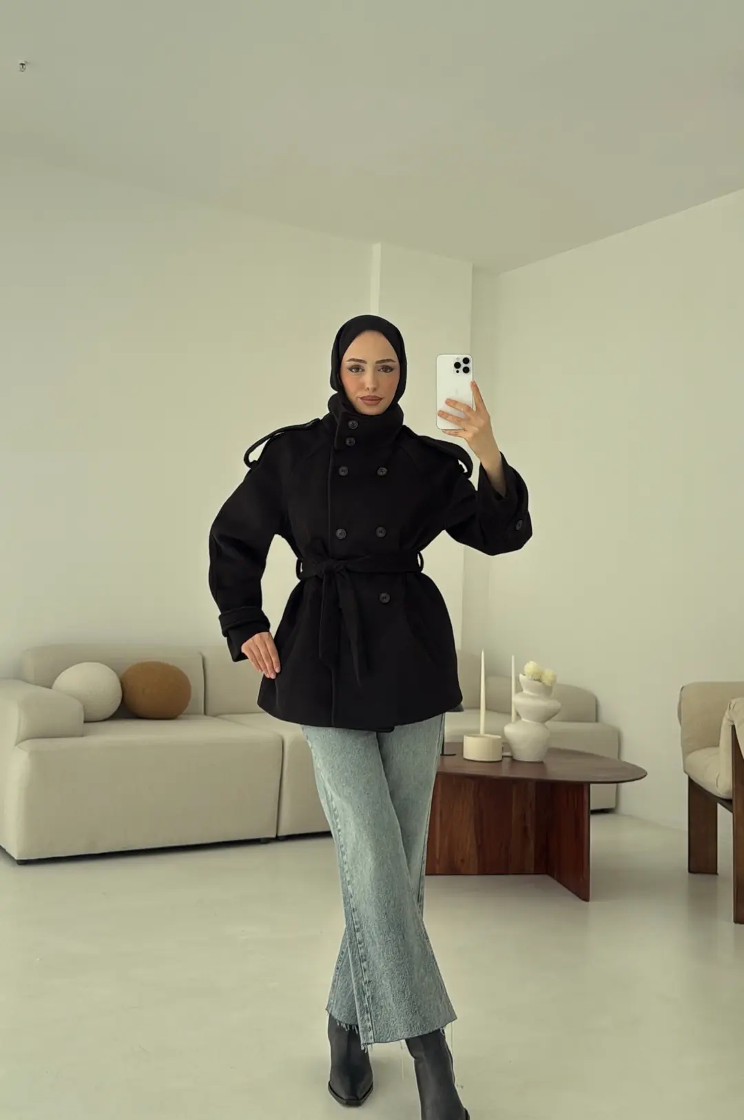 Kuşaklı Oversize Kaşe Kaban Siyah - Görsel 4