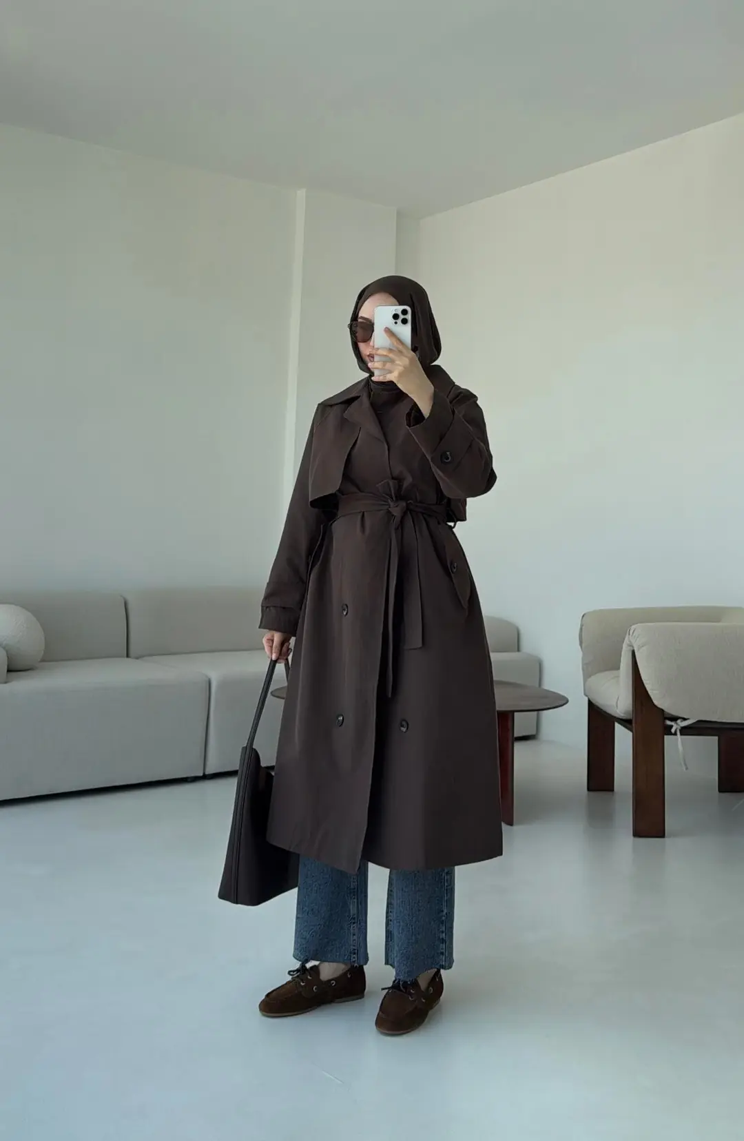 Kuşaklı Premium Trençkot Kahve