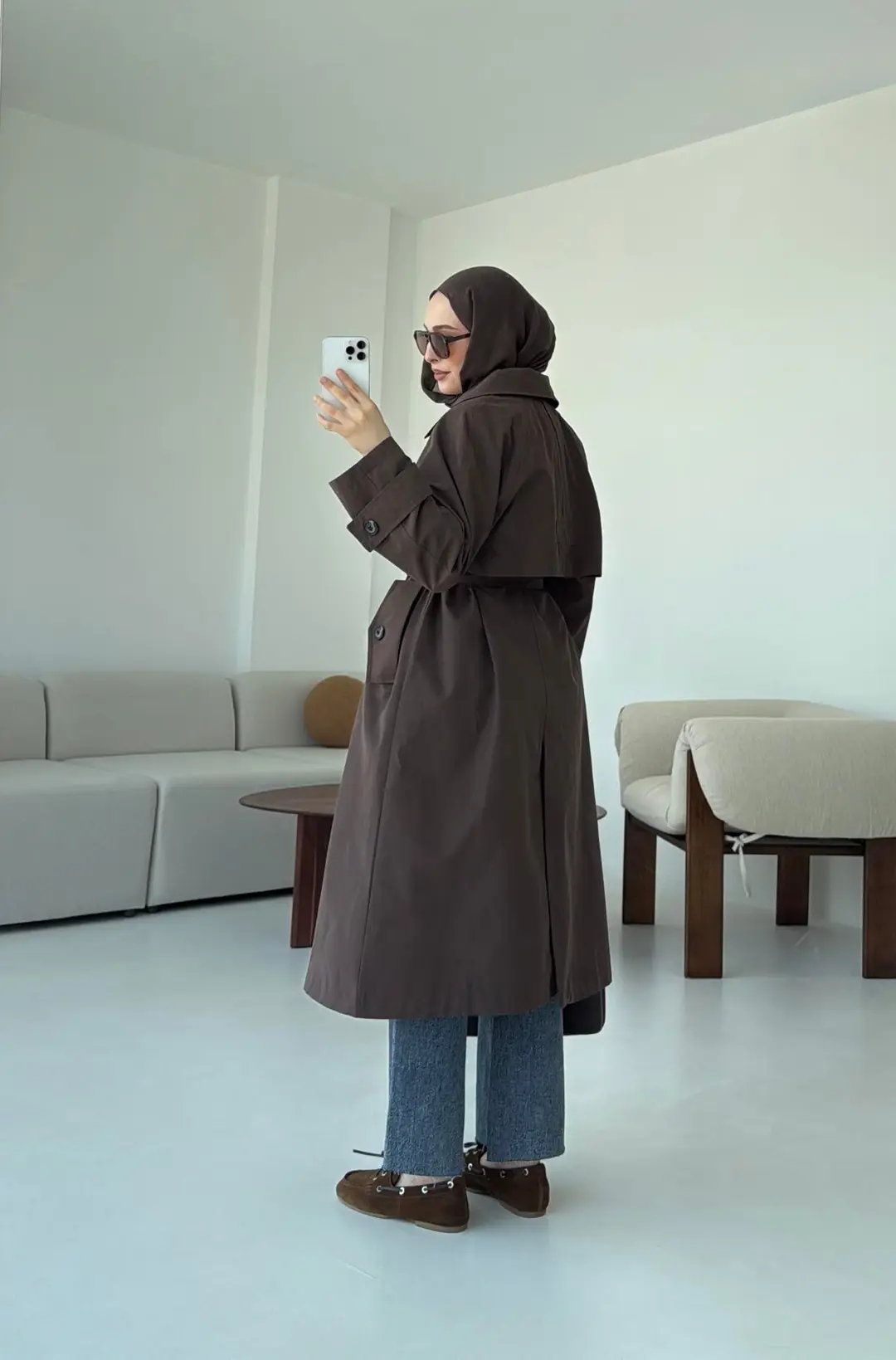 Kuşaklı Premium Trençkot Kahve - Görsel 9