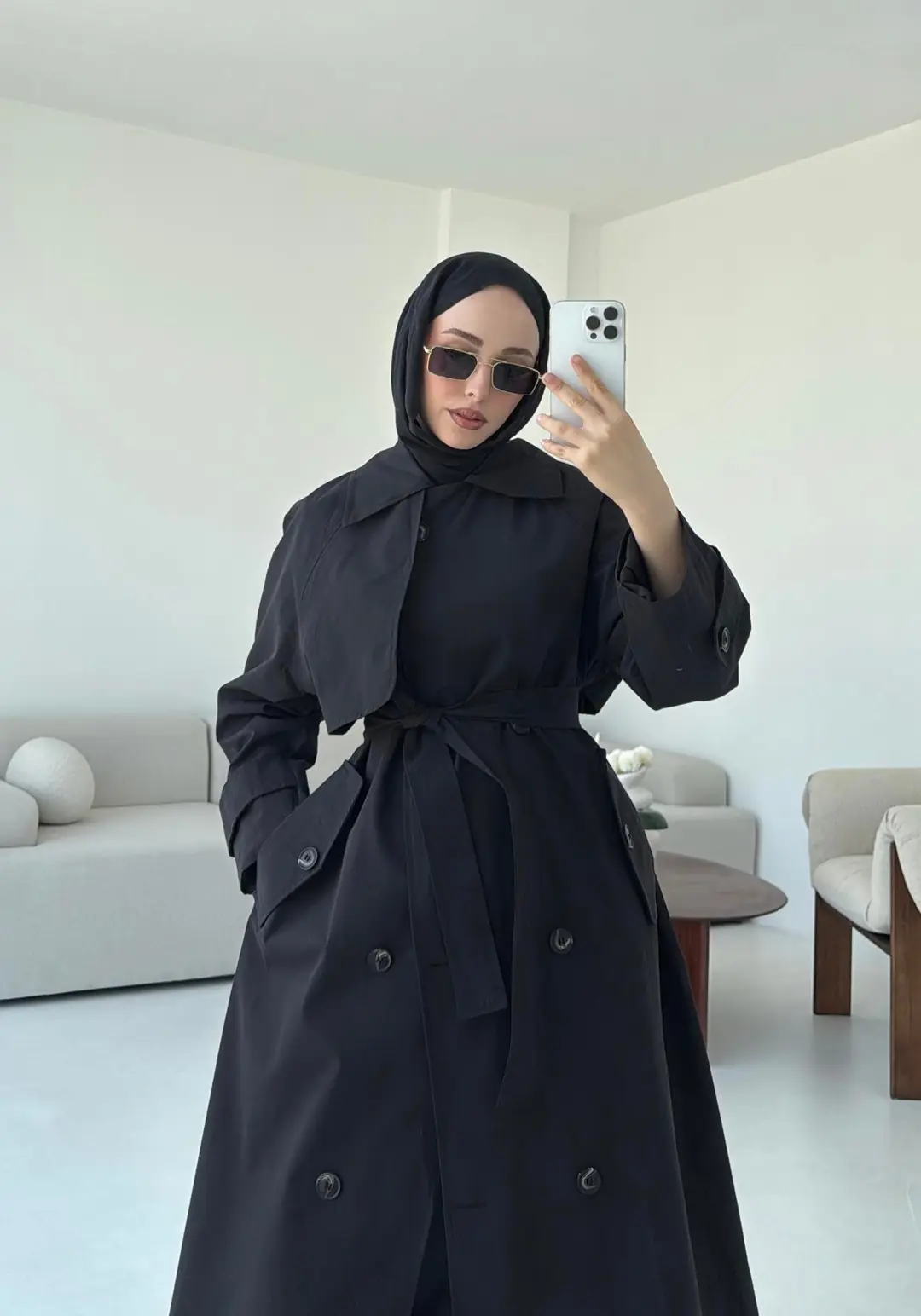 Kuşaklı Premium Trençkot Siyah