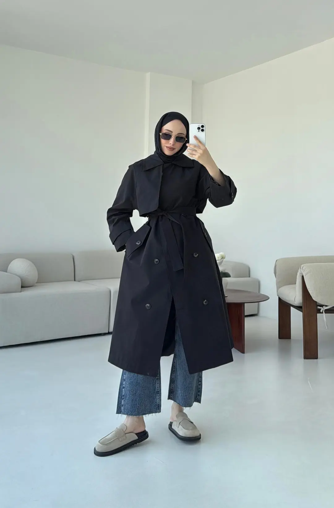 Kuşaklı Premium Trençkot Siyah - Görsel 2