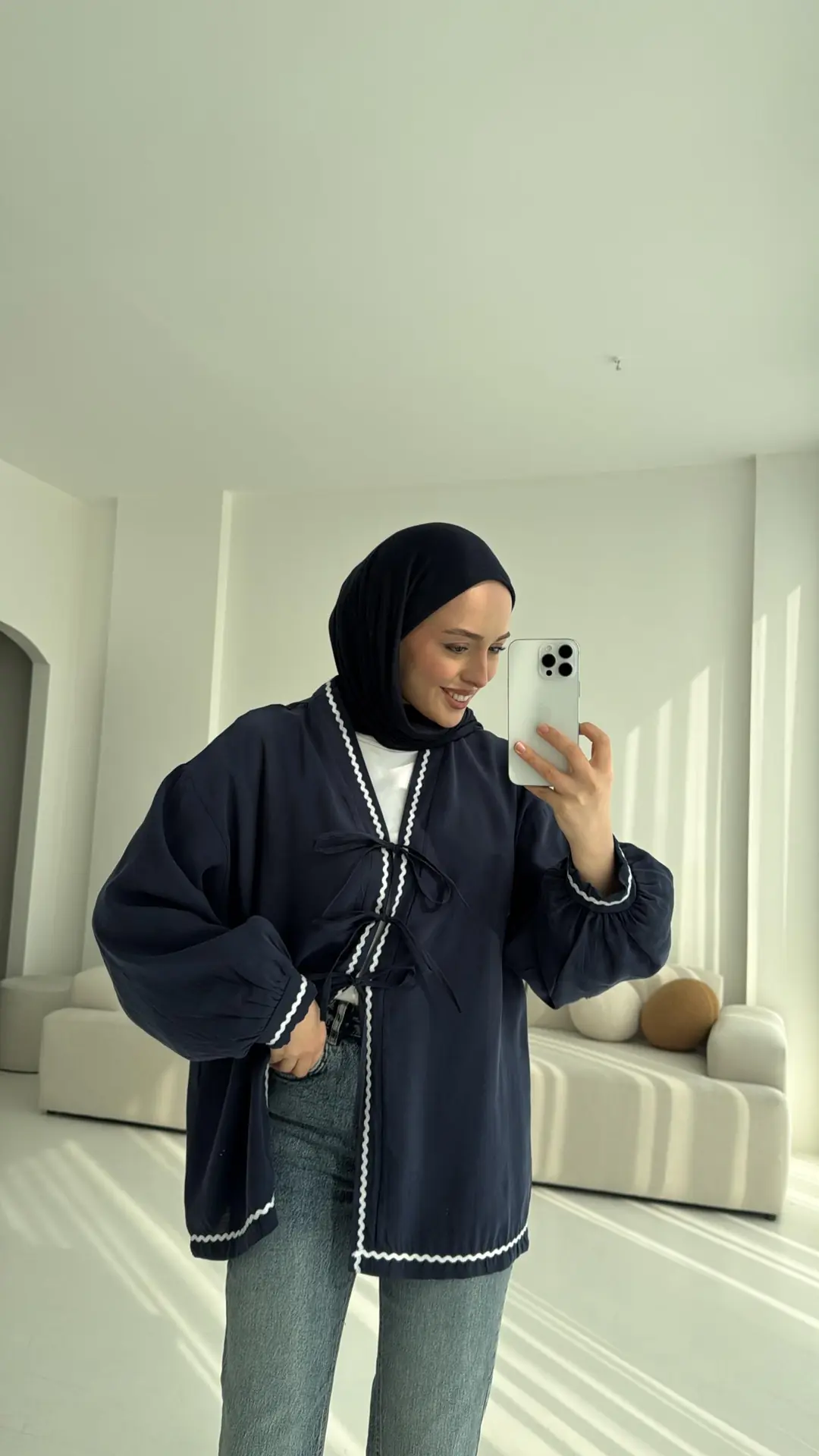 Lacivert Bağlamalı Dantel Detay Kimono - Görsel 4