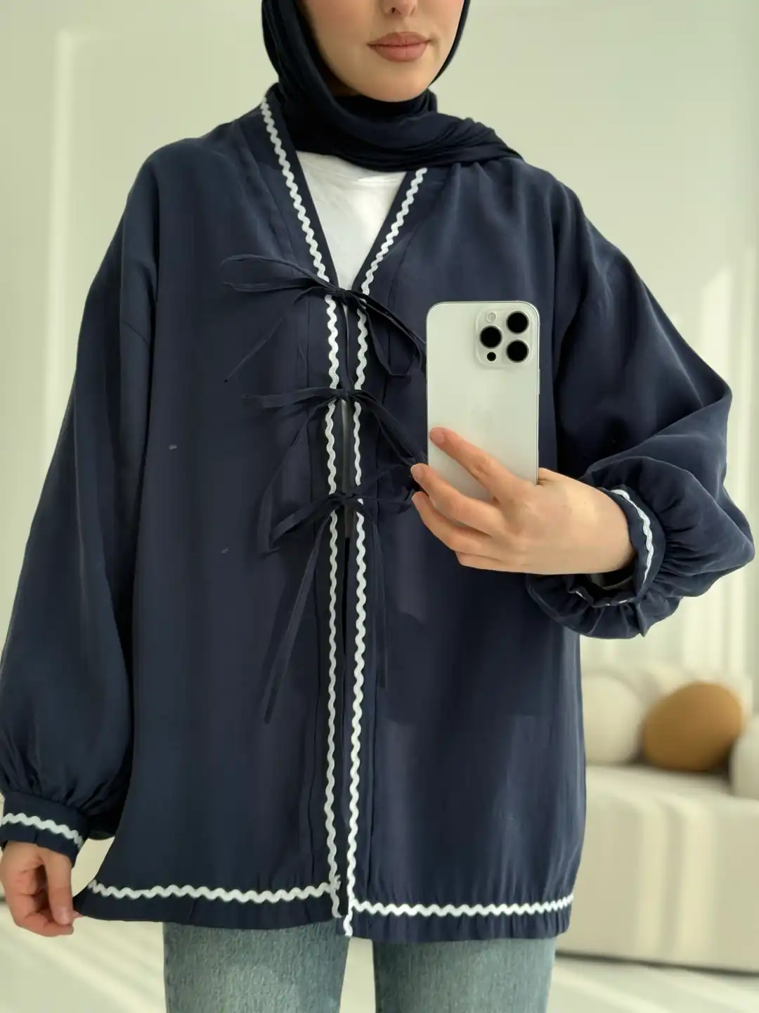 Lacivert Bağlamalı Dantel Detay Kimono - Görsel 5