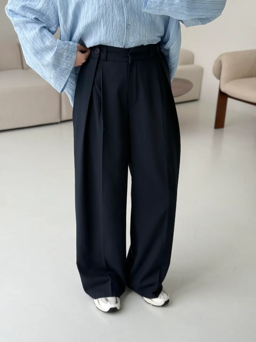 Lacivert Bel Detay Palazzo Pantolon - Görsel 2