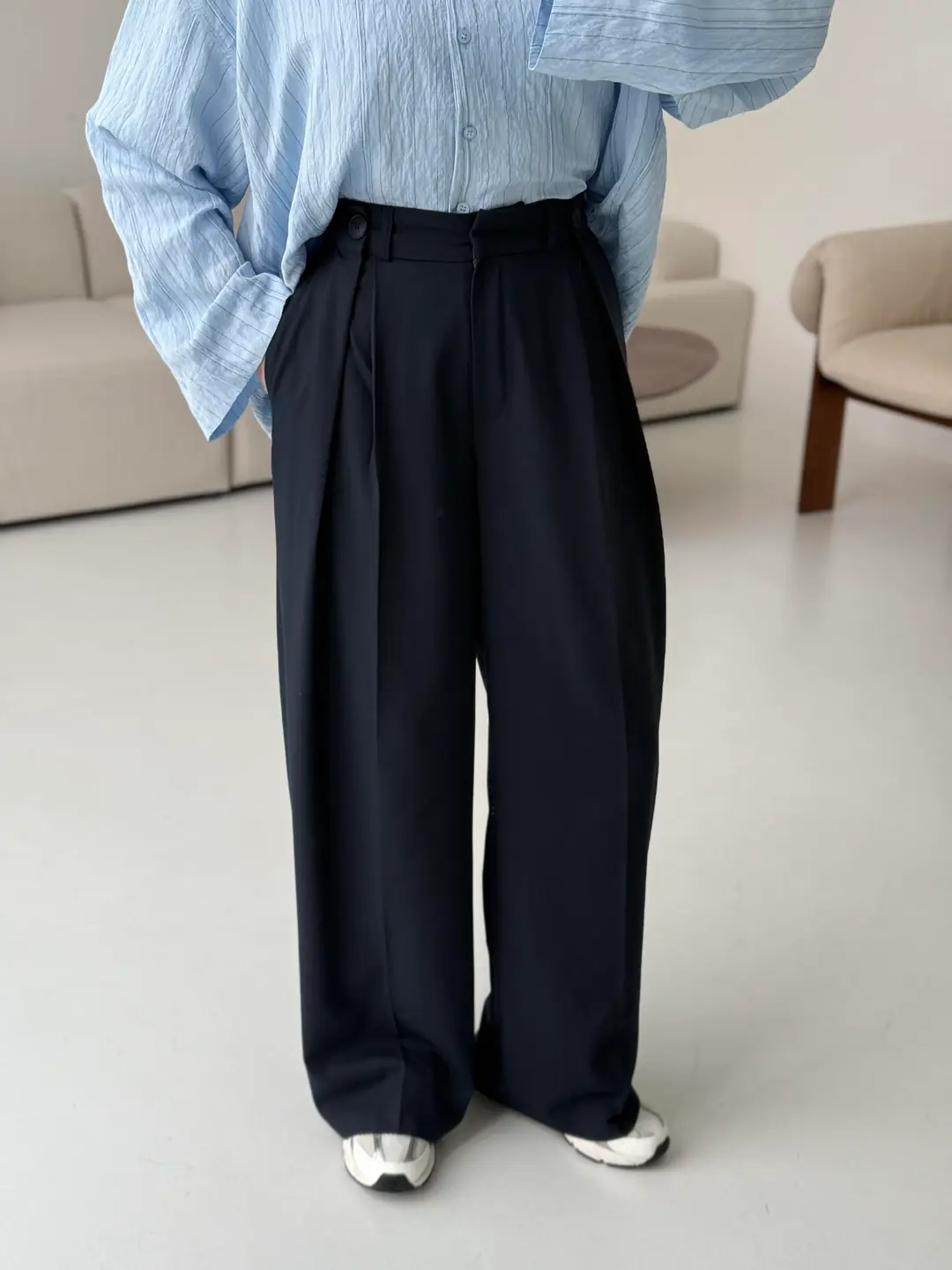 Lacivert Bel Detay Palazzo Pantolon - Görsel 3