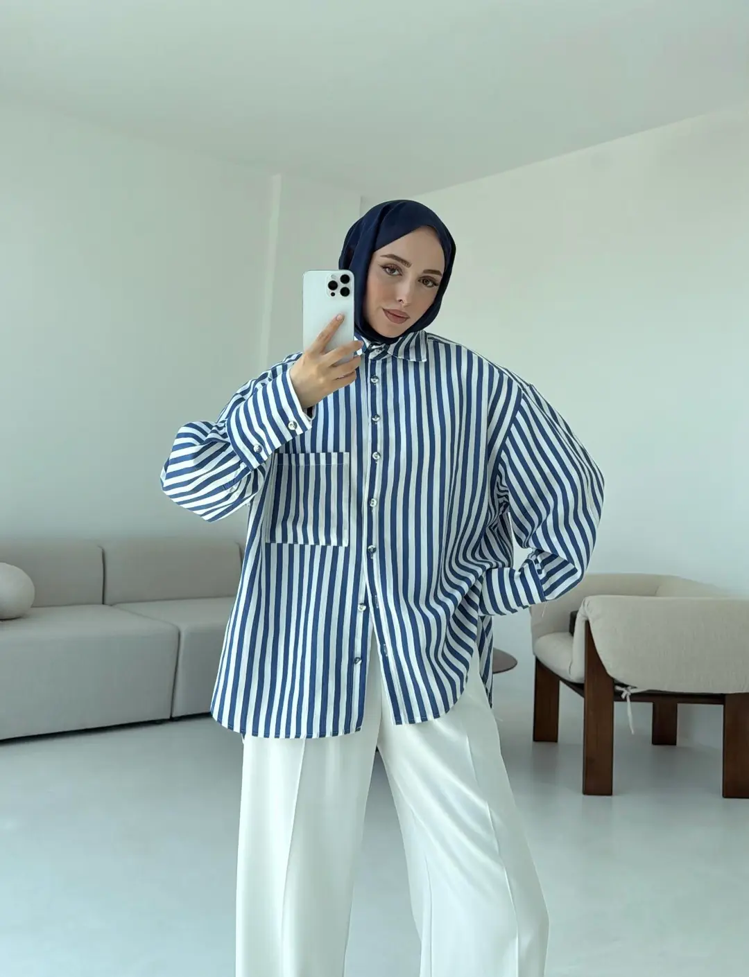 Lacivert Beyaz Çizgili Gömlek - Görsel 3