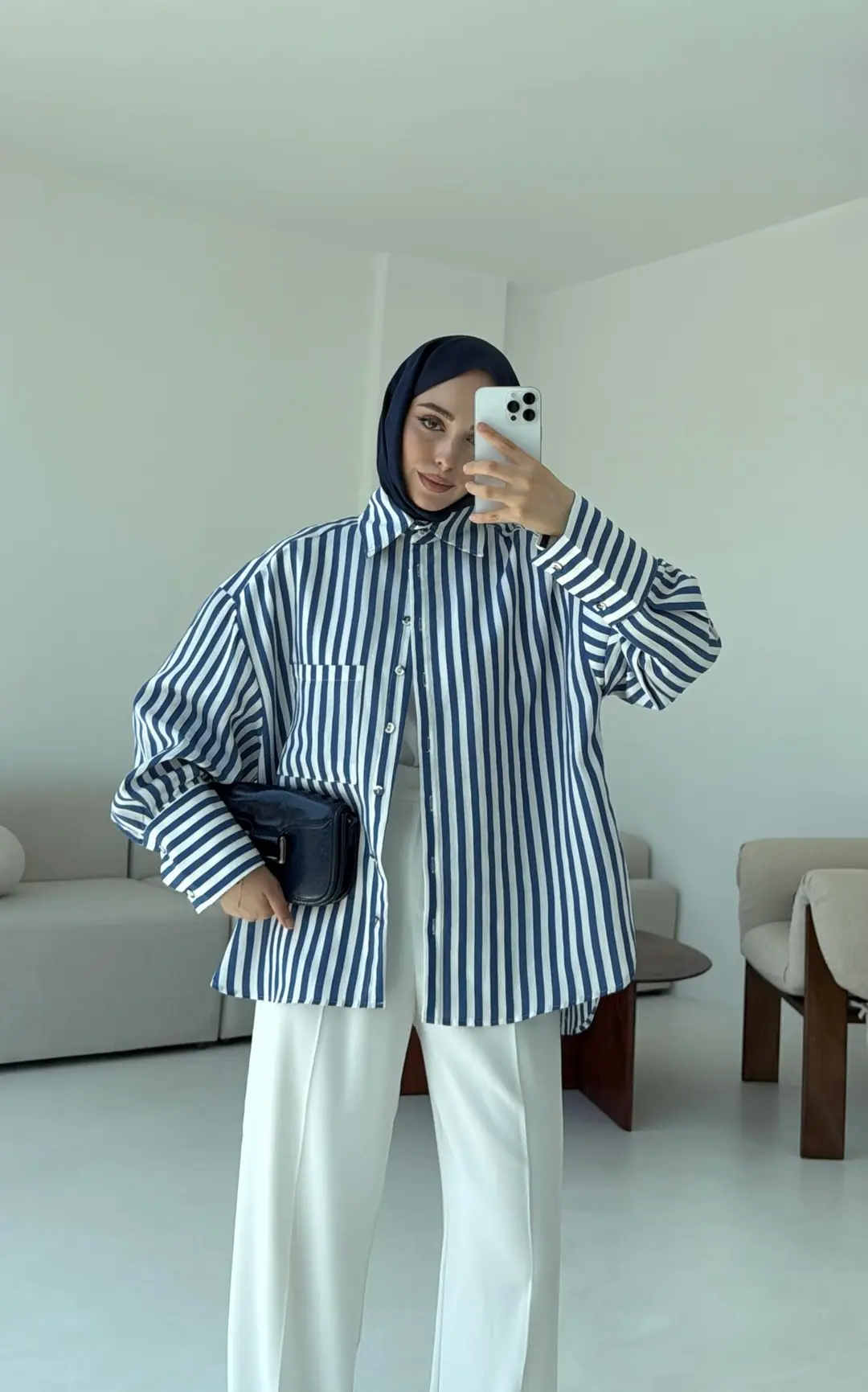 Lacivert Beyaz Çizgili Gömlek - Görsel 8