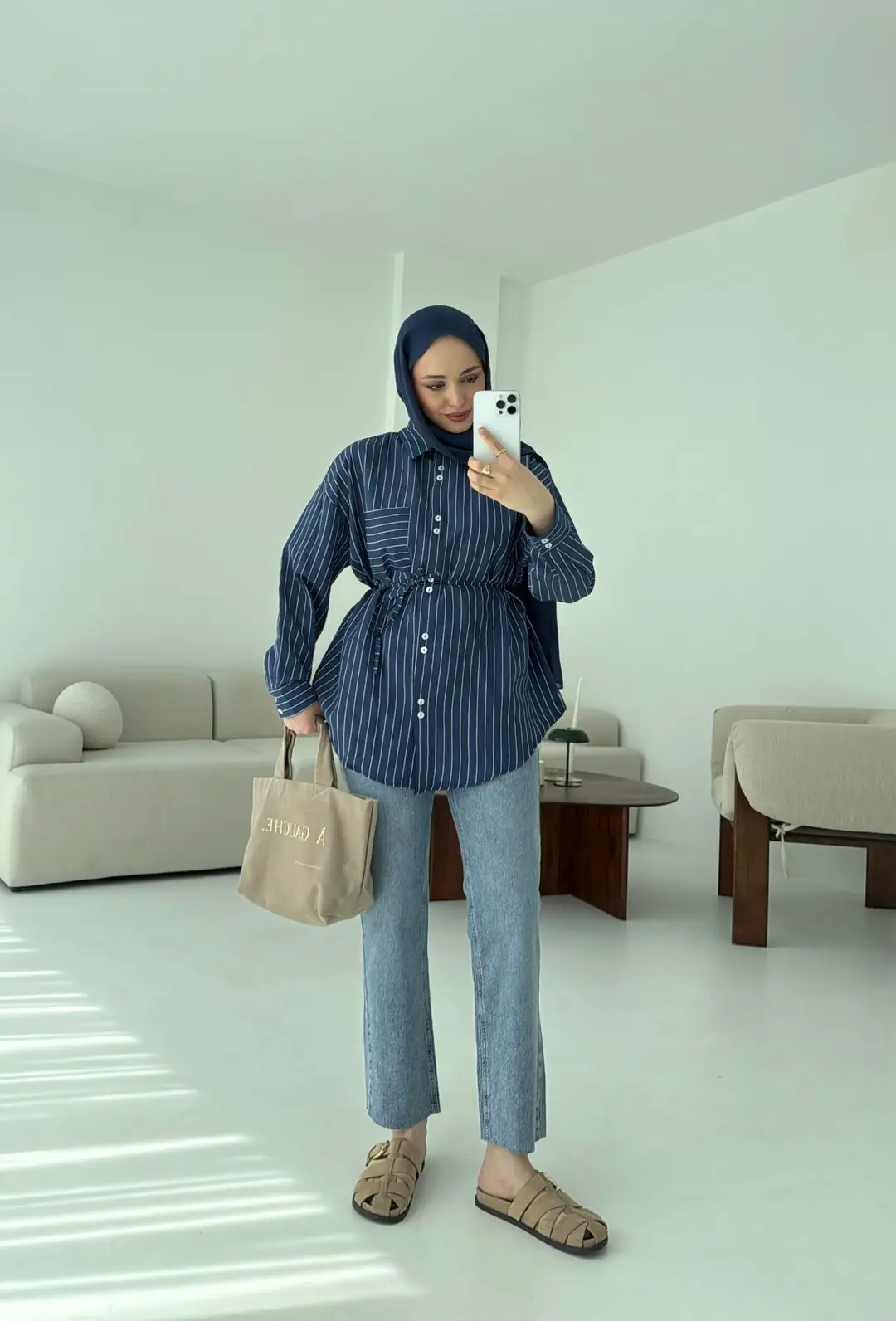Lacivert Çizgili Bağlamalı Gömlek - Görsel 6