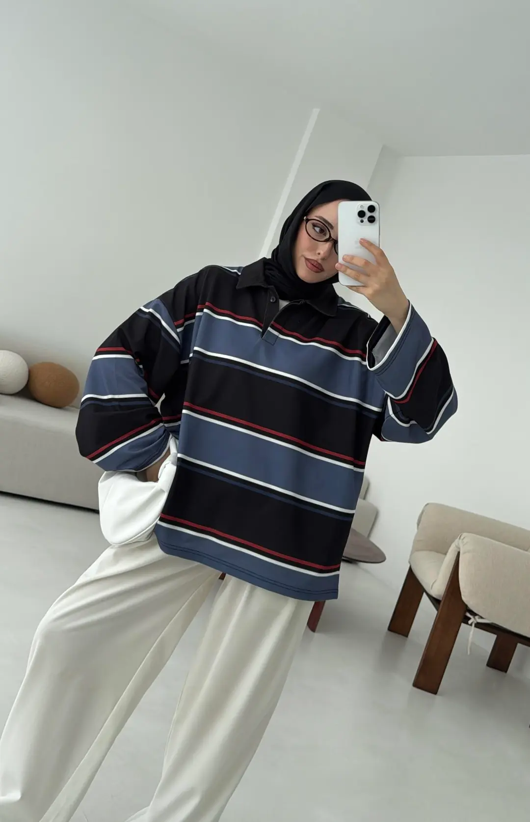 Lacivert Çizgili Polo Yaka Sweatshrt