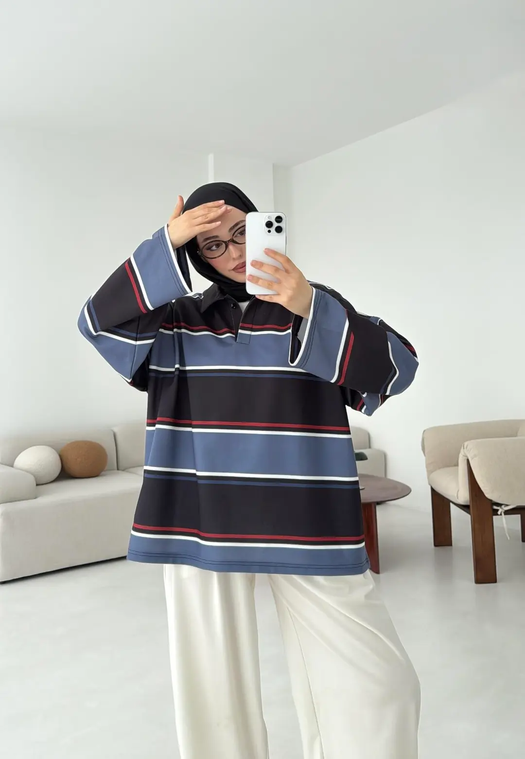 Lacivert Çizgili Polo Yaka Sweatshrt - Görsel 4