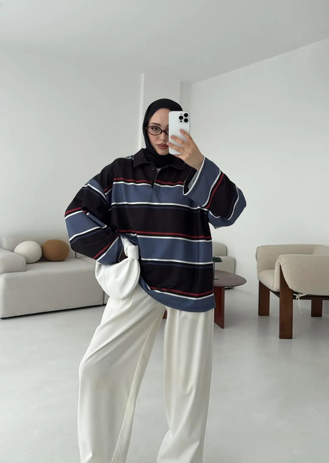 Lacivert Çizgili Polo Yaka Sweatshrt - Görsel 5