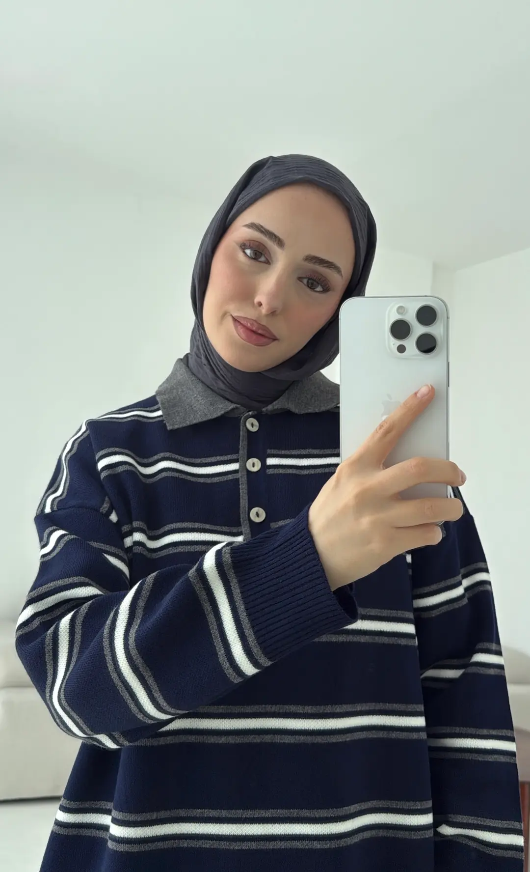 Lacivert Çizgili Polo Yaka Triko Kazak - Görsel 2