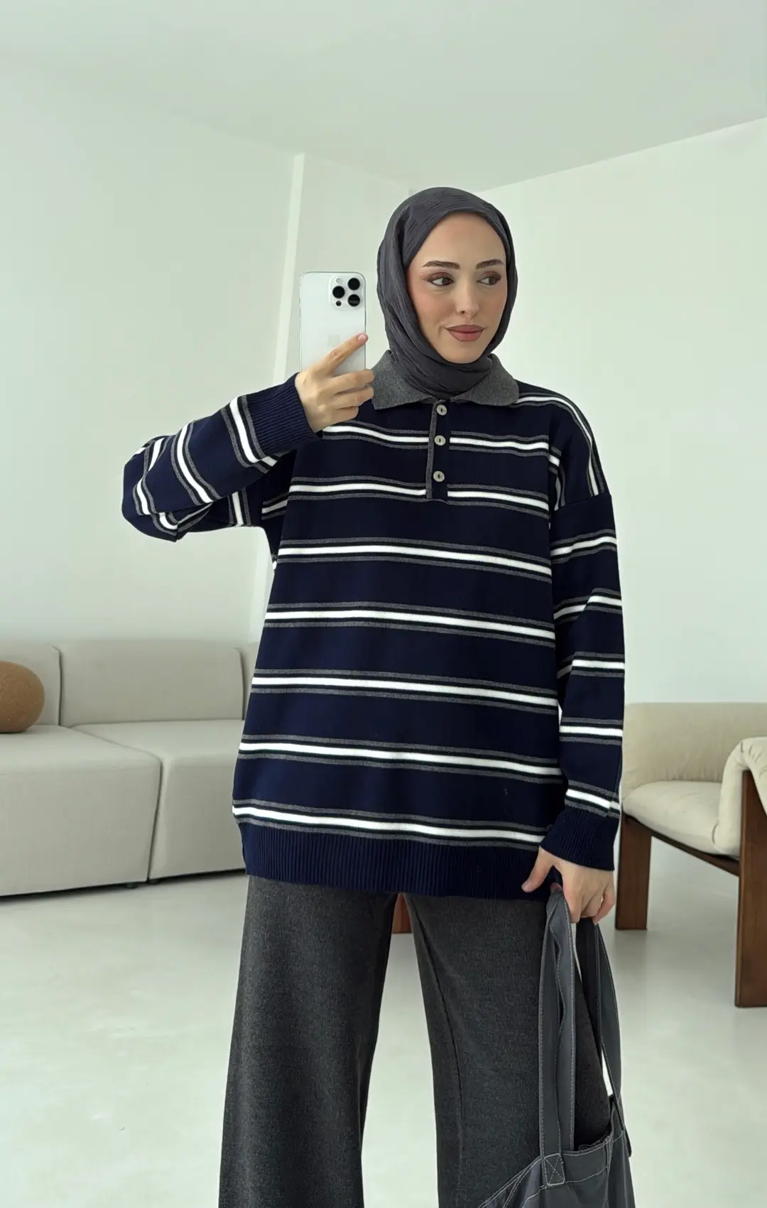 Lacivert Çizgili Polo Yaka Triko Kazak - Görsel 4