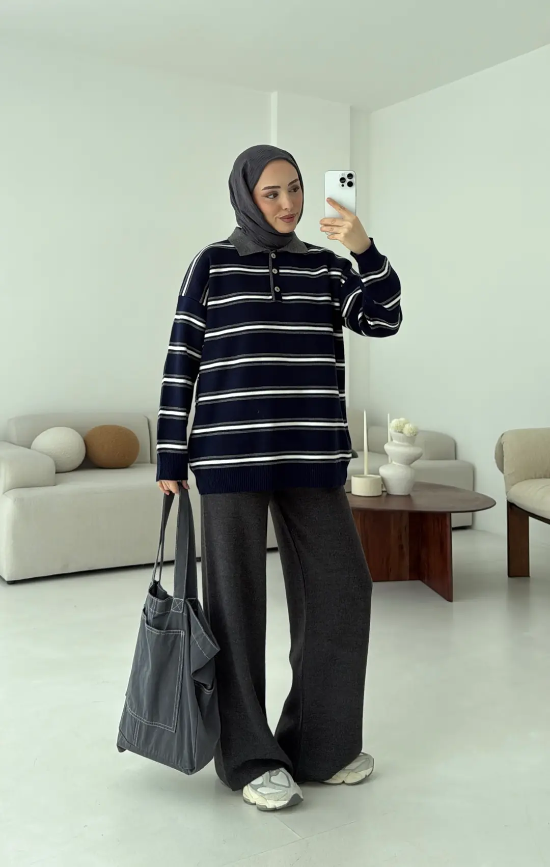 Lacivert Çizgili Polo Yaka Triko Kazak - Görsel 5