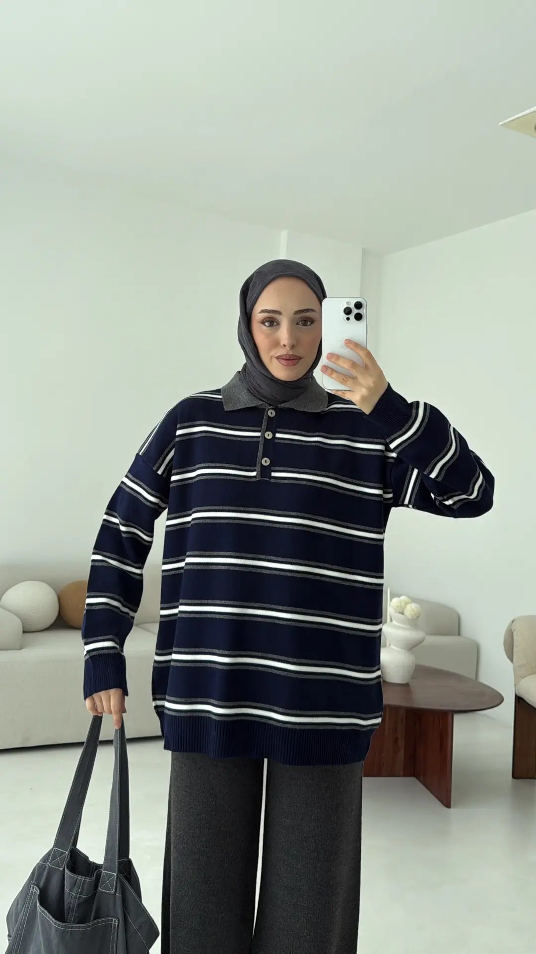 Lacivert Çizgili Polo Yaka Triko Kazak - Görsel 6