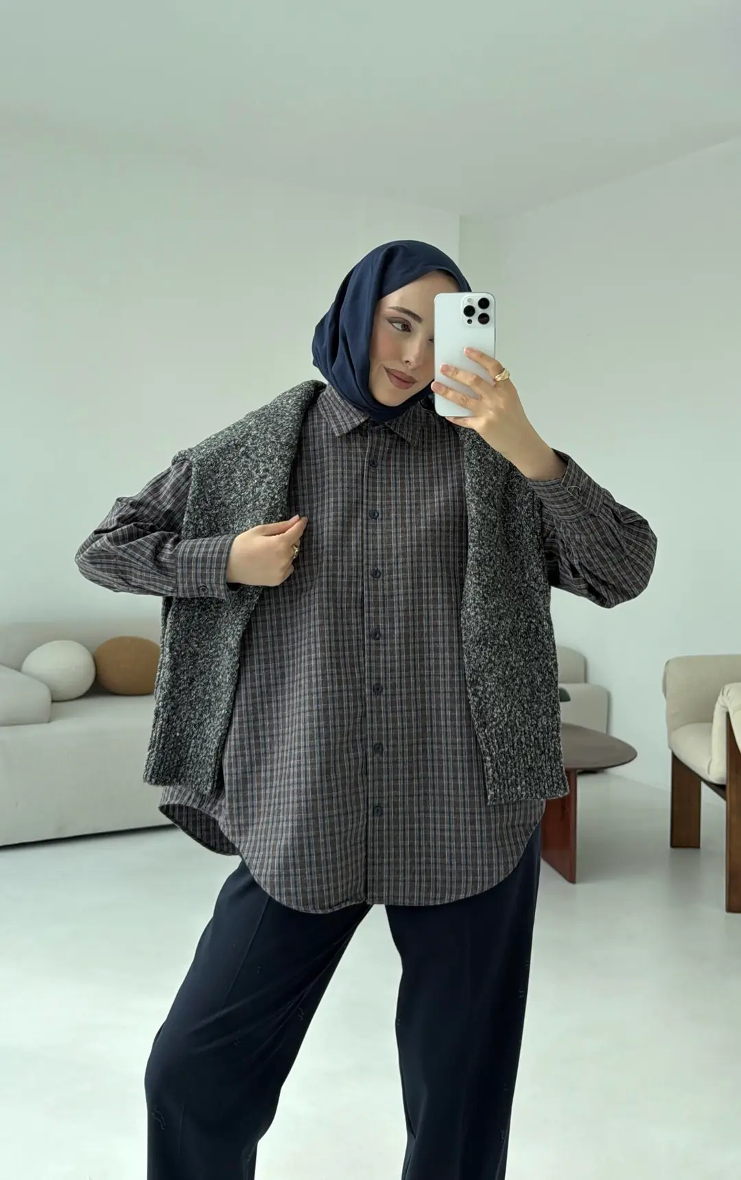 Lacivert Geçişli Ekose Gömlek - Görsel 4