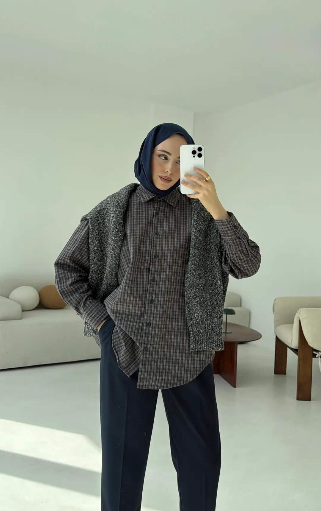 Lacivert Geçişli Ekose Gömlek - Görsel 5