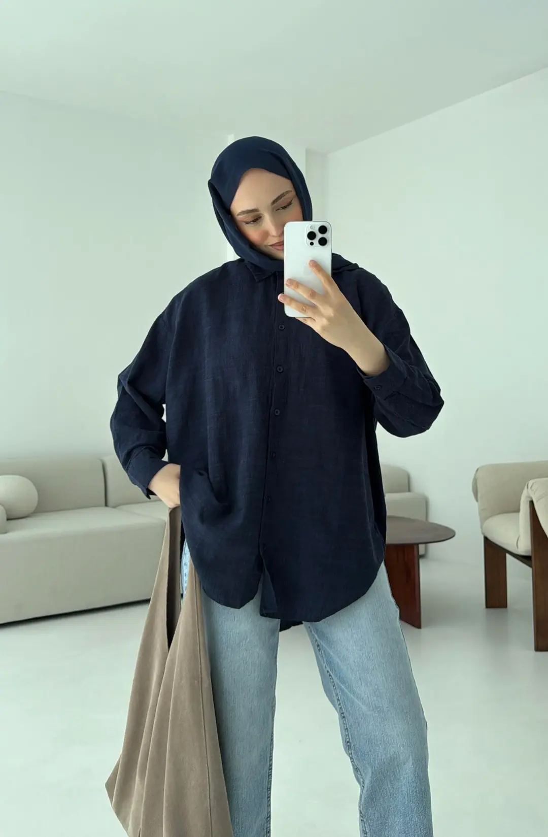 Lacivert Keten Gömlek - Görsel 2