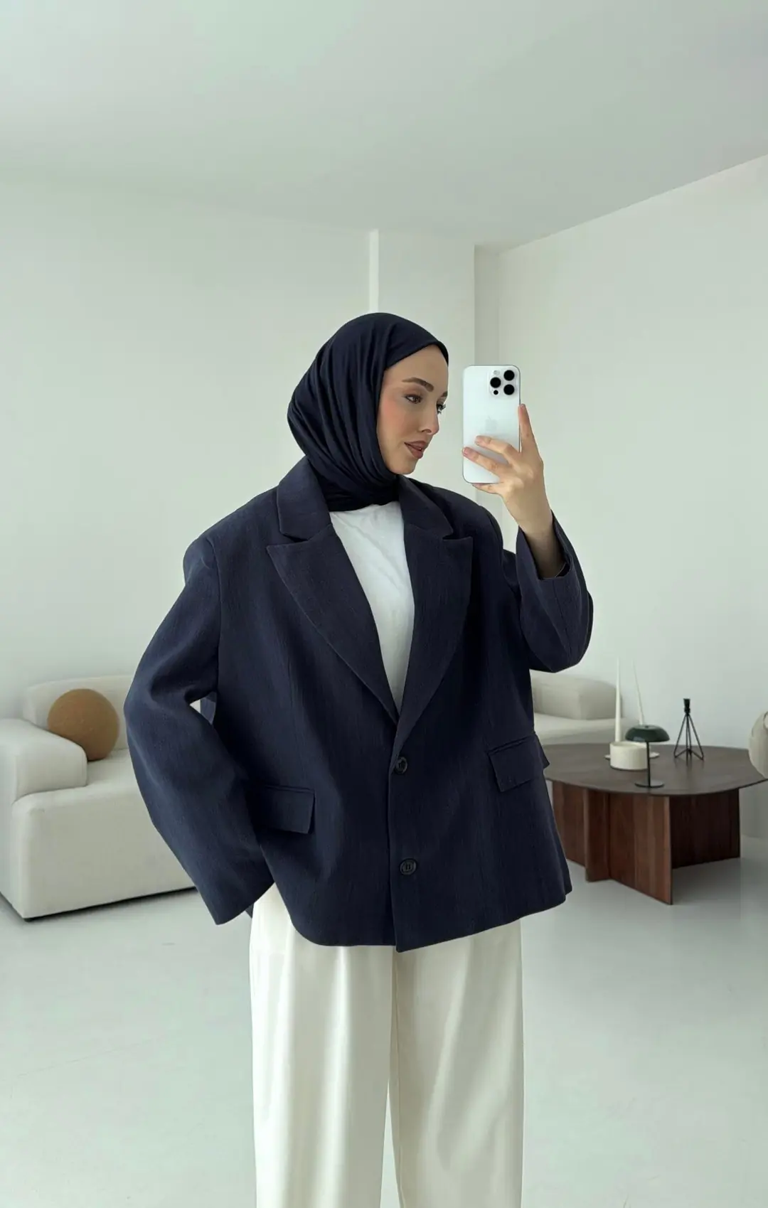 Lacivert Keten Oversize Blazer Ceket