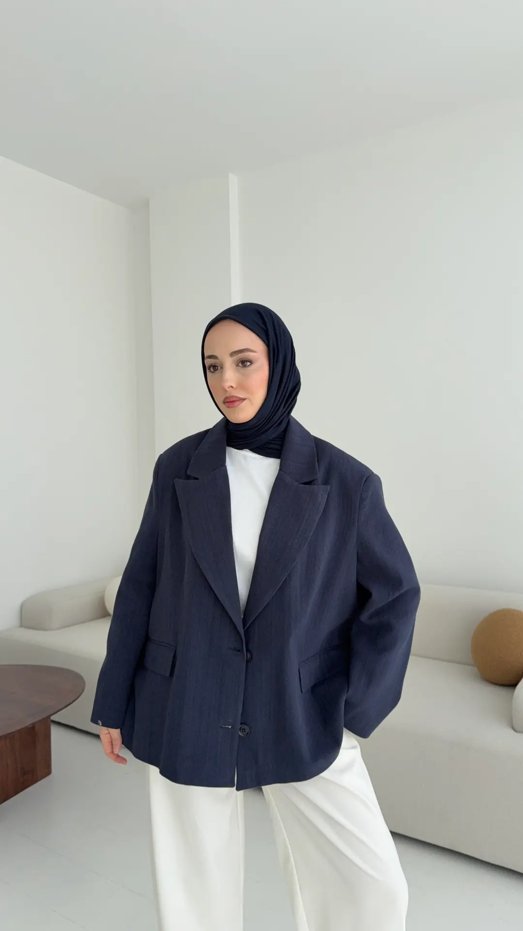 Lacivert Keten Oversize Blazer Ceket - Görsel 4