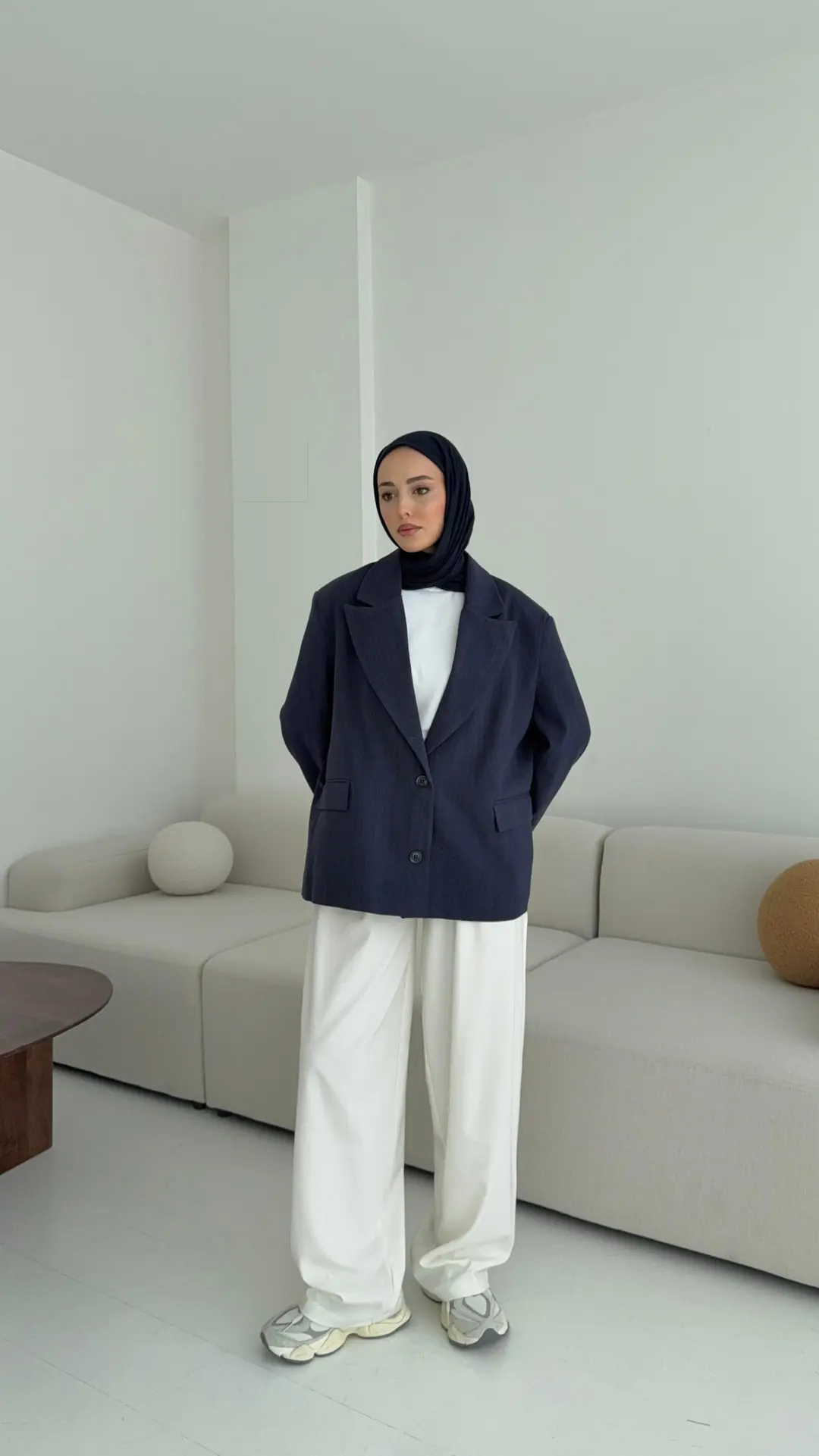 Lacivert Keten Oversize Blazer Ceket - Görsel 6