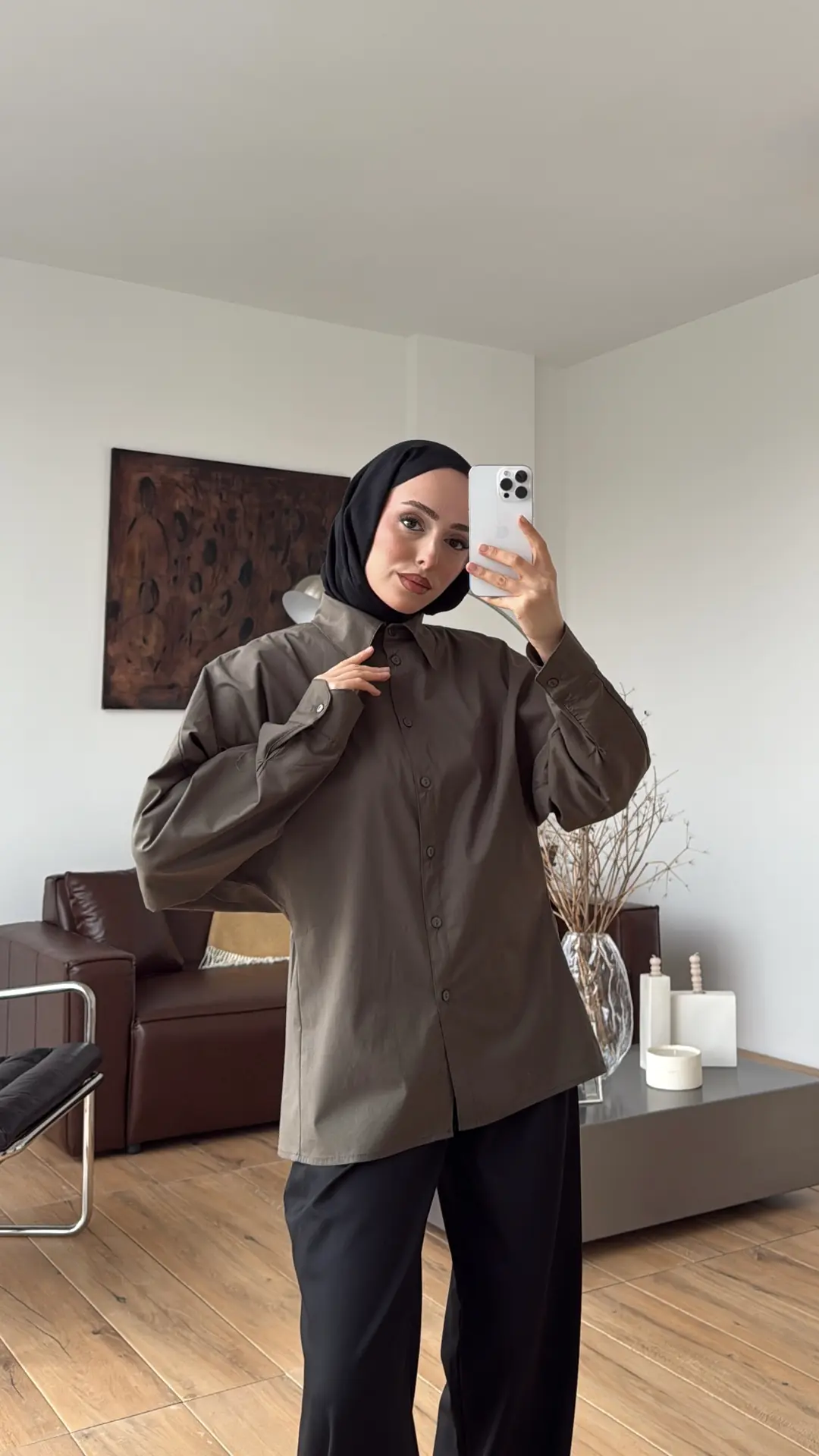 Likralı Reglan Kol Gömlek Haki - Görsel 4