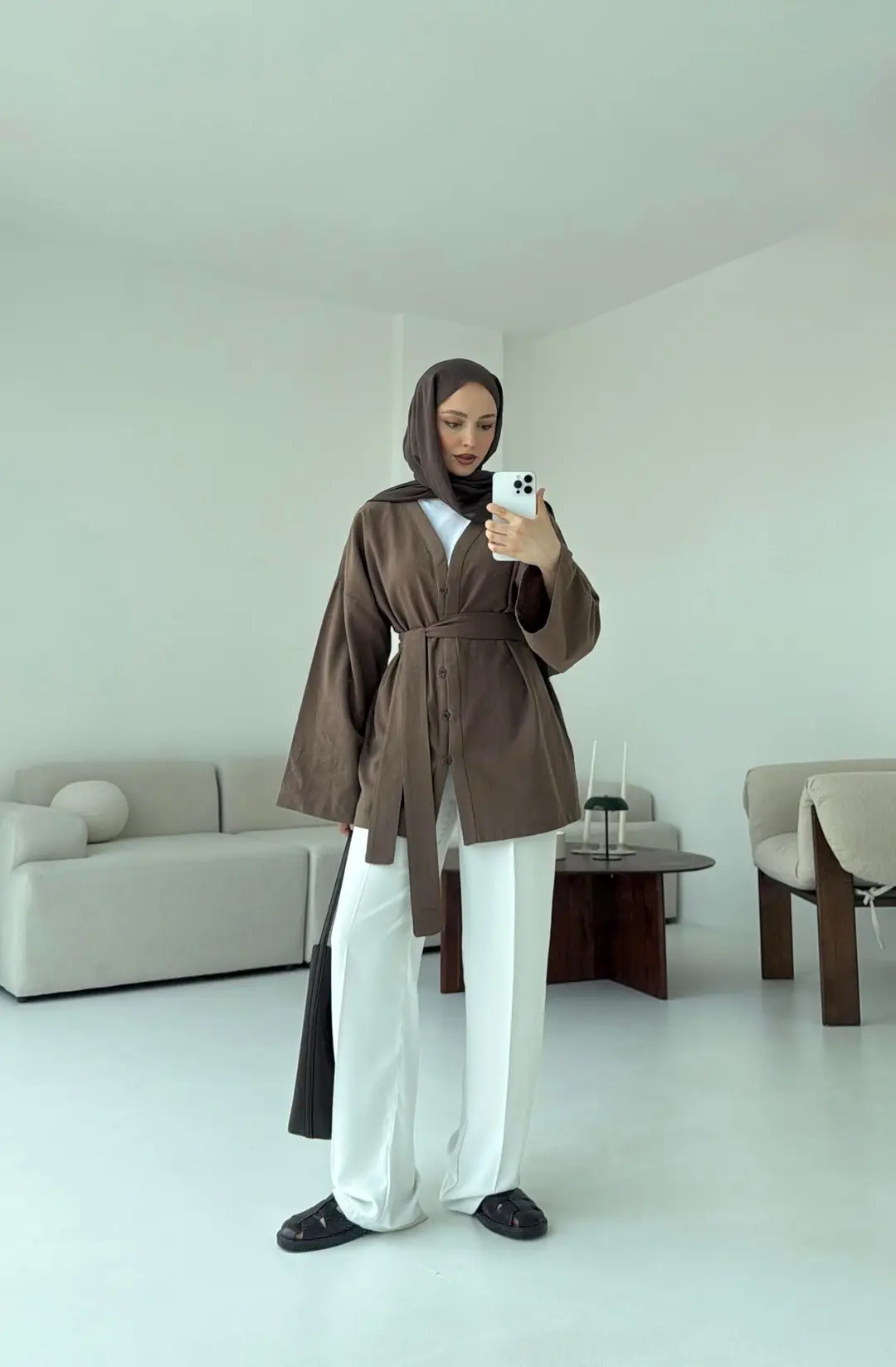 Linen Düğmeli Kimono Kahve - Görsel 4