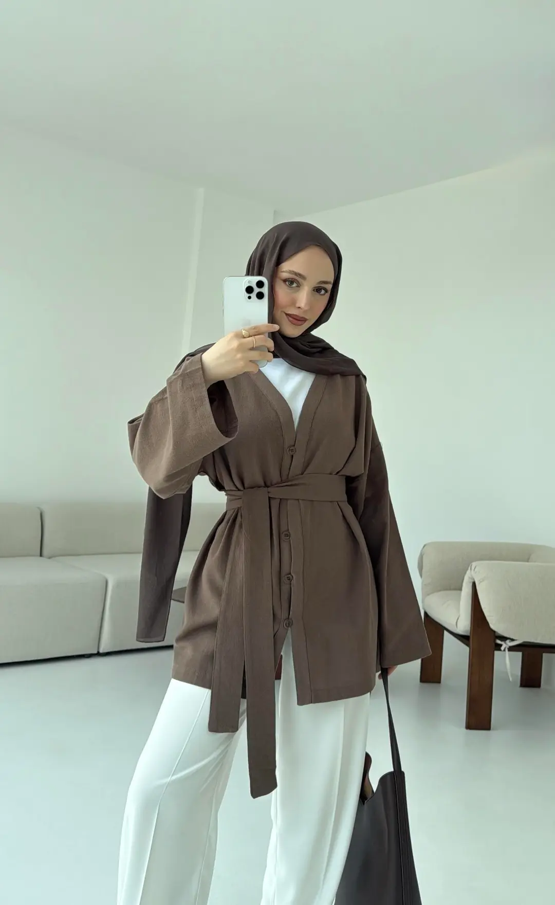 Linen Düğmeli Kimono Kahve - Görsel 5