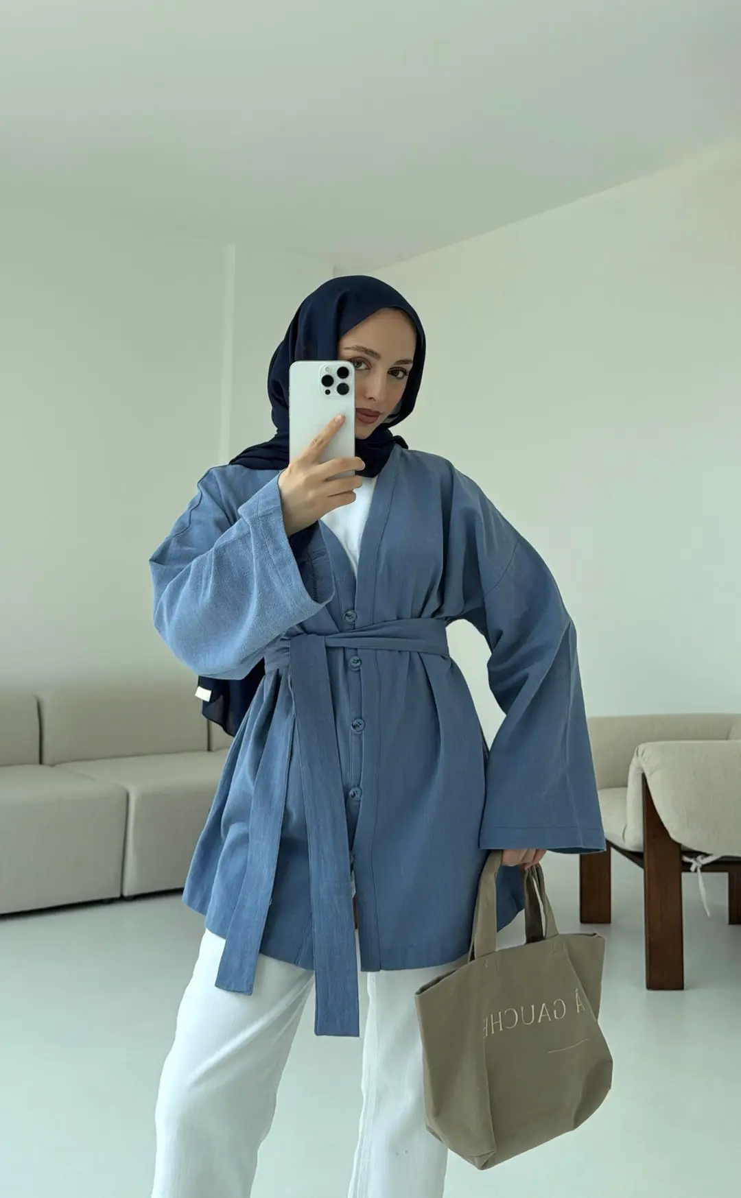 Linen Düğmeli Kimono Mavi - Görsel 5