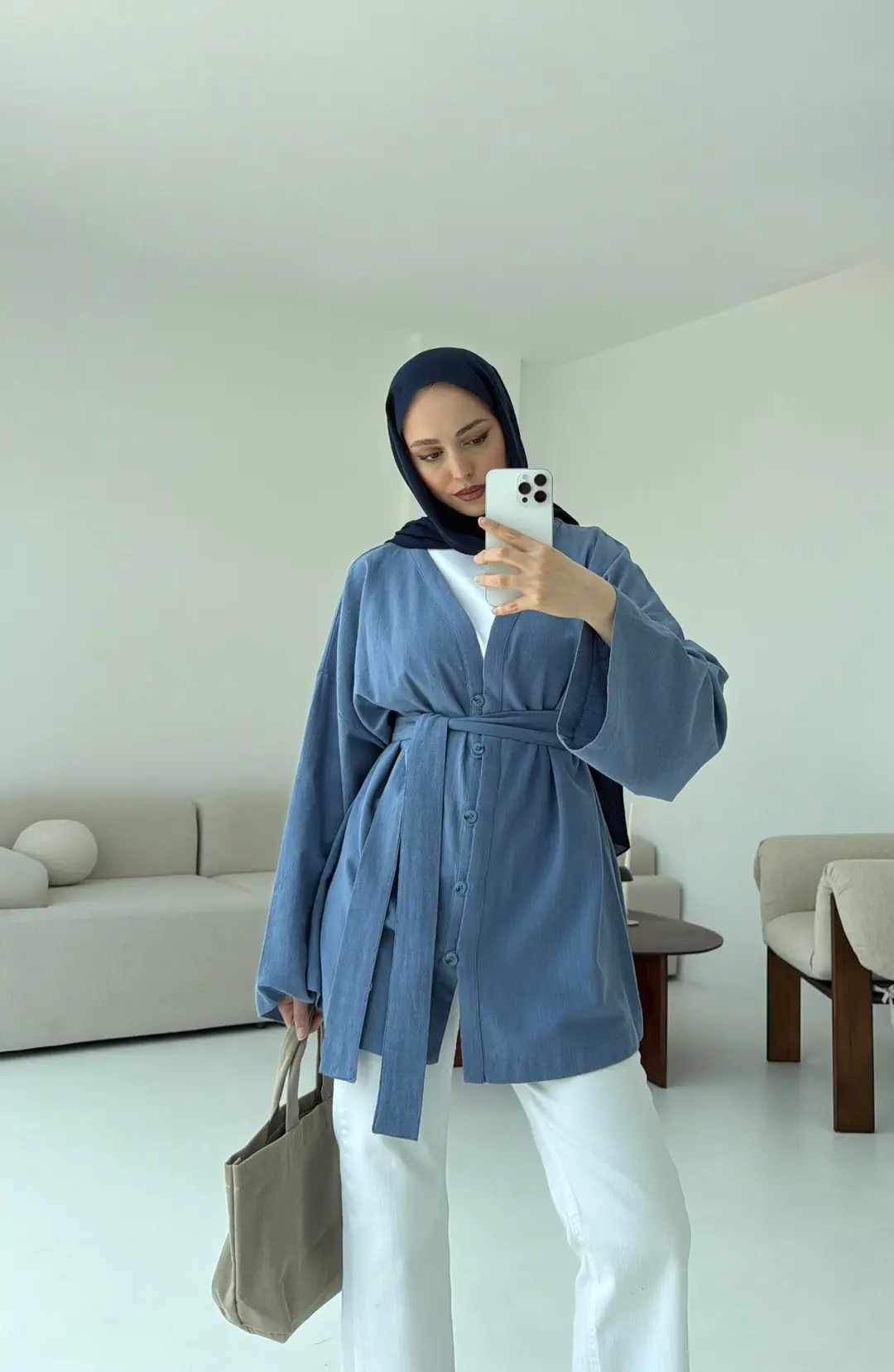 Linen Düğmeli Kimono Mavi - Görsel 6