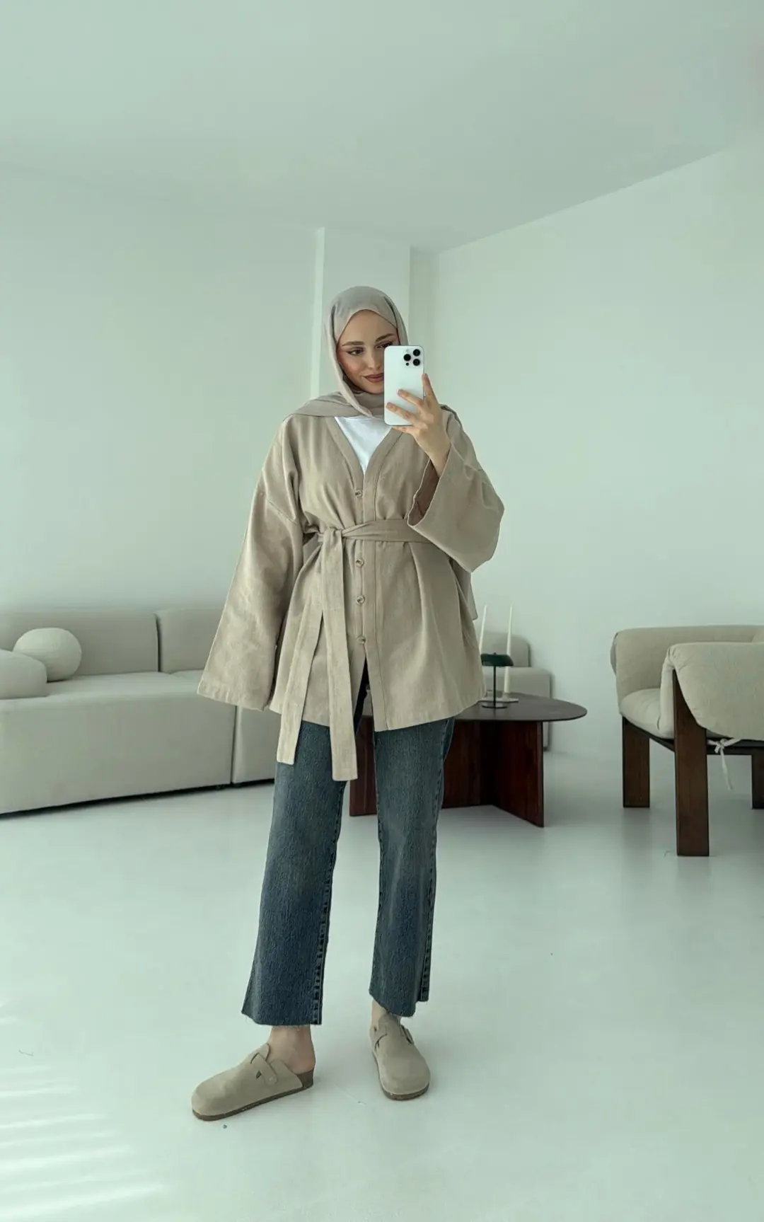 Linen Düğmeli Kimono Vizon - Görsel 3