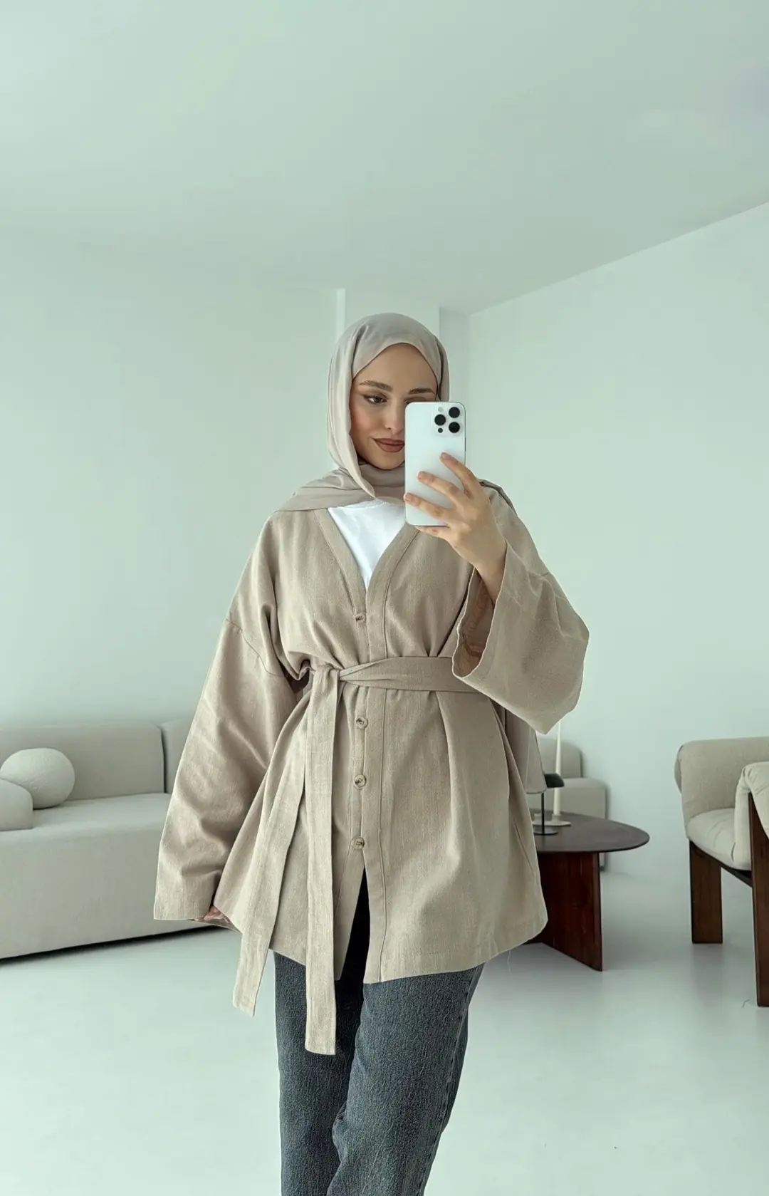 Linen Düğmeli Kimono Vizon - Görsel 4