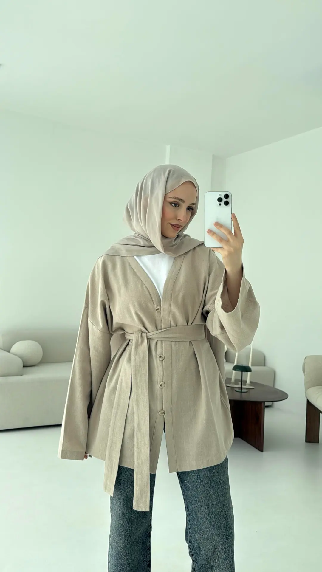 Linen Düğmeli Kimono Vizon - Görsel 5