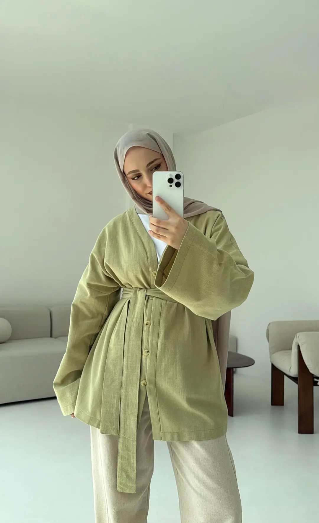 Linen Düğmeli Kimono Yeşil