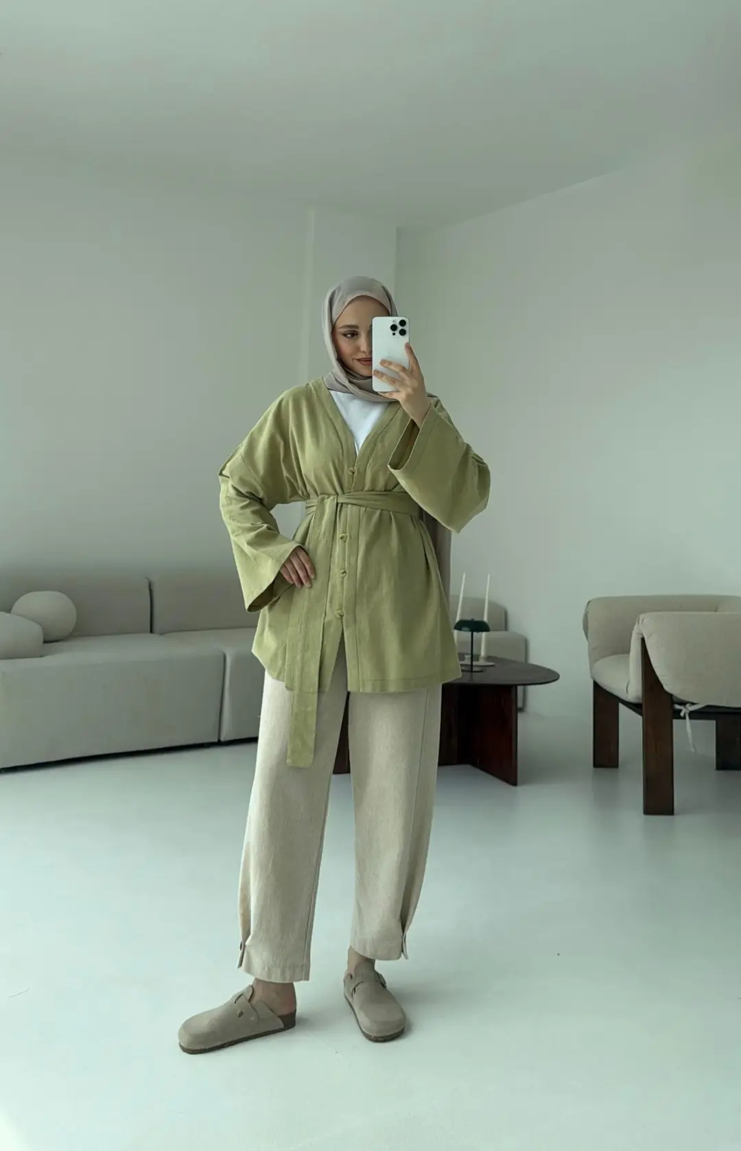 Linen Düğmeli Kimono Yeşil - Görsel 3