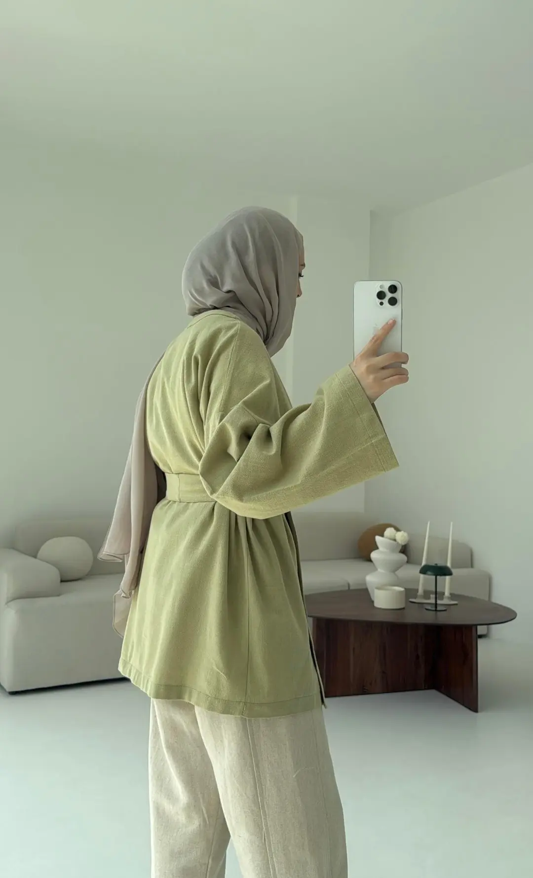 Linen Düğmeli Kimono Yeşil - Görsel 5