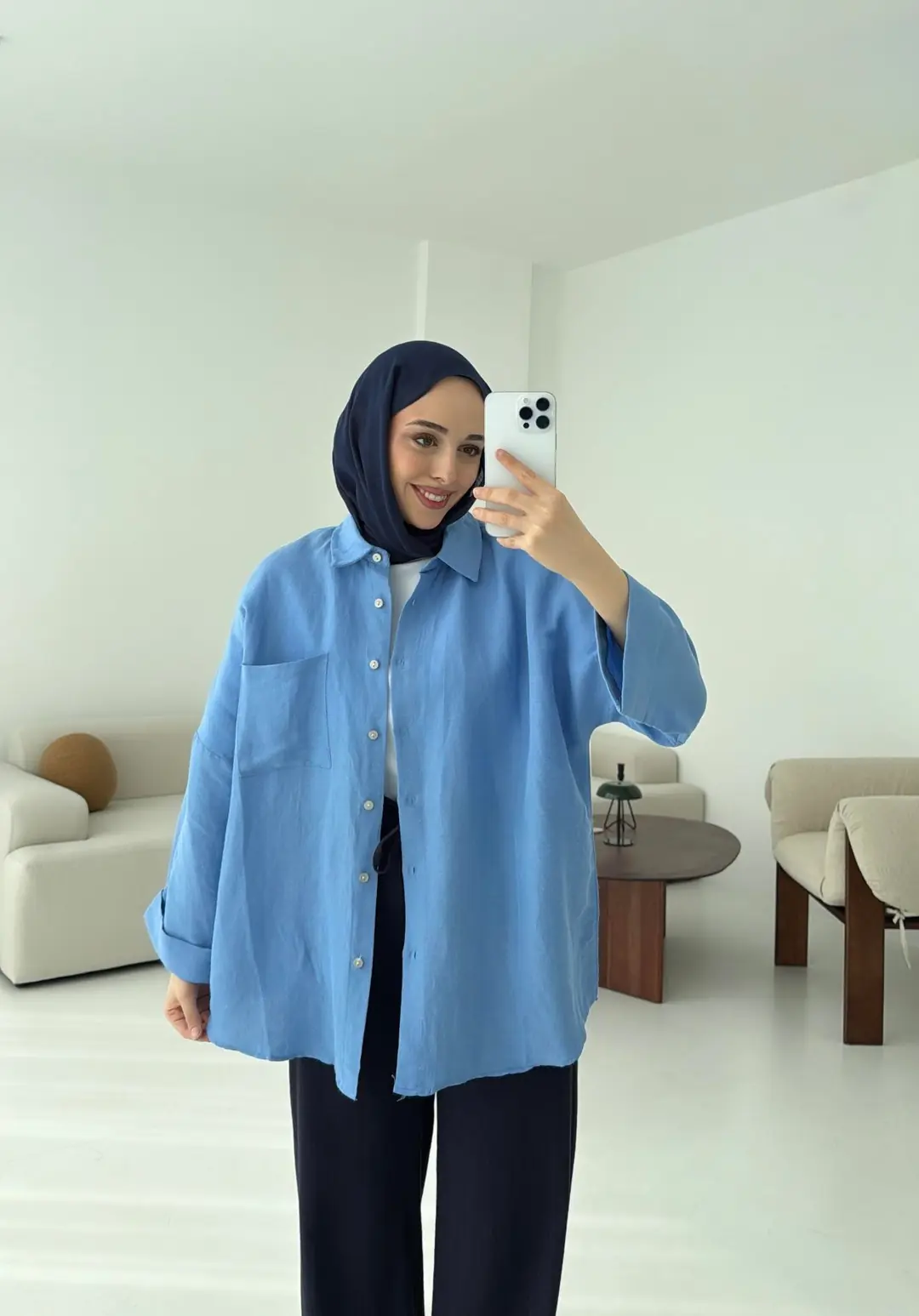 Linen Oversize Gömlek Açık Mavi