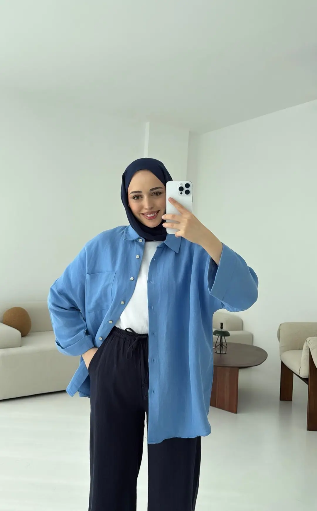 Linen Oversize Gömlek Açık Mavi - Görsel 2