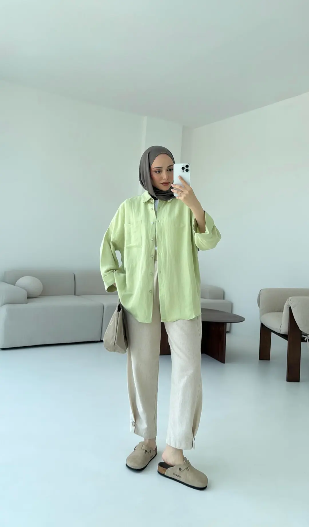 Linen Oversize Gömlek Lime - Görsel 2