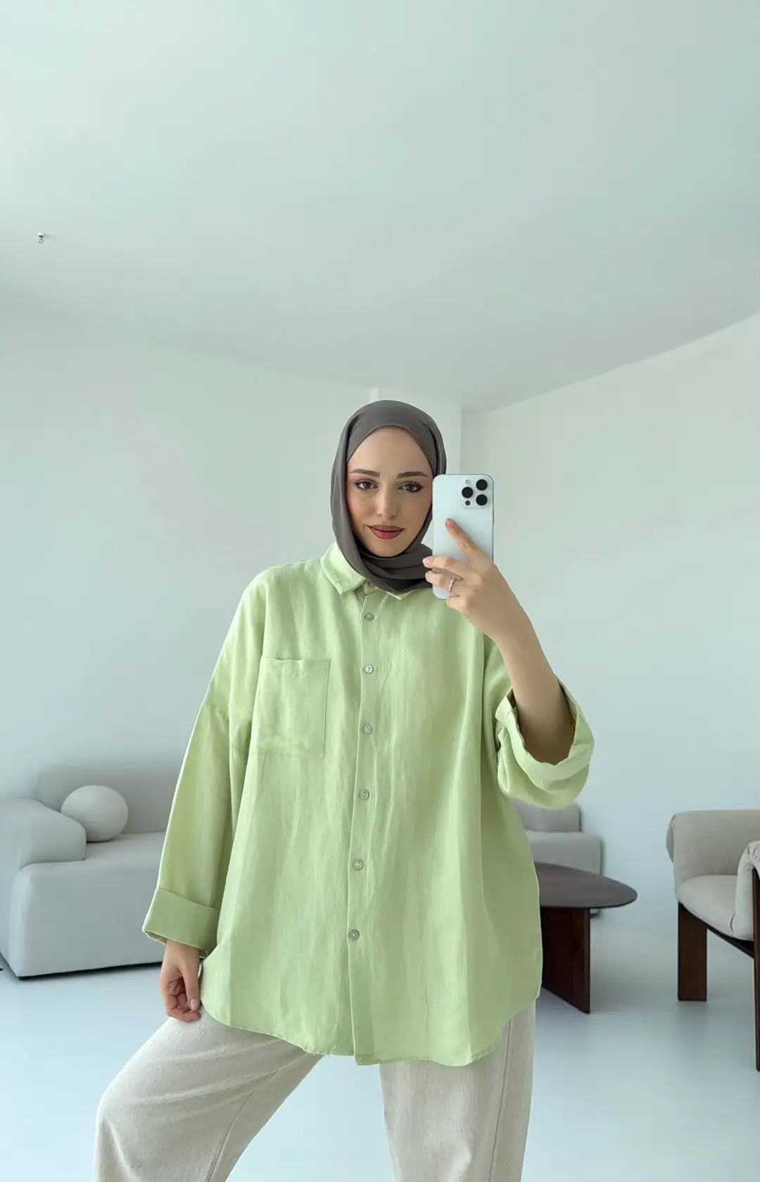 Linen Oversize Gömlek Lime - Görsel 4