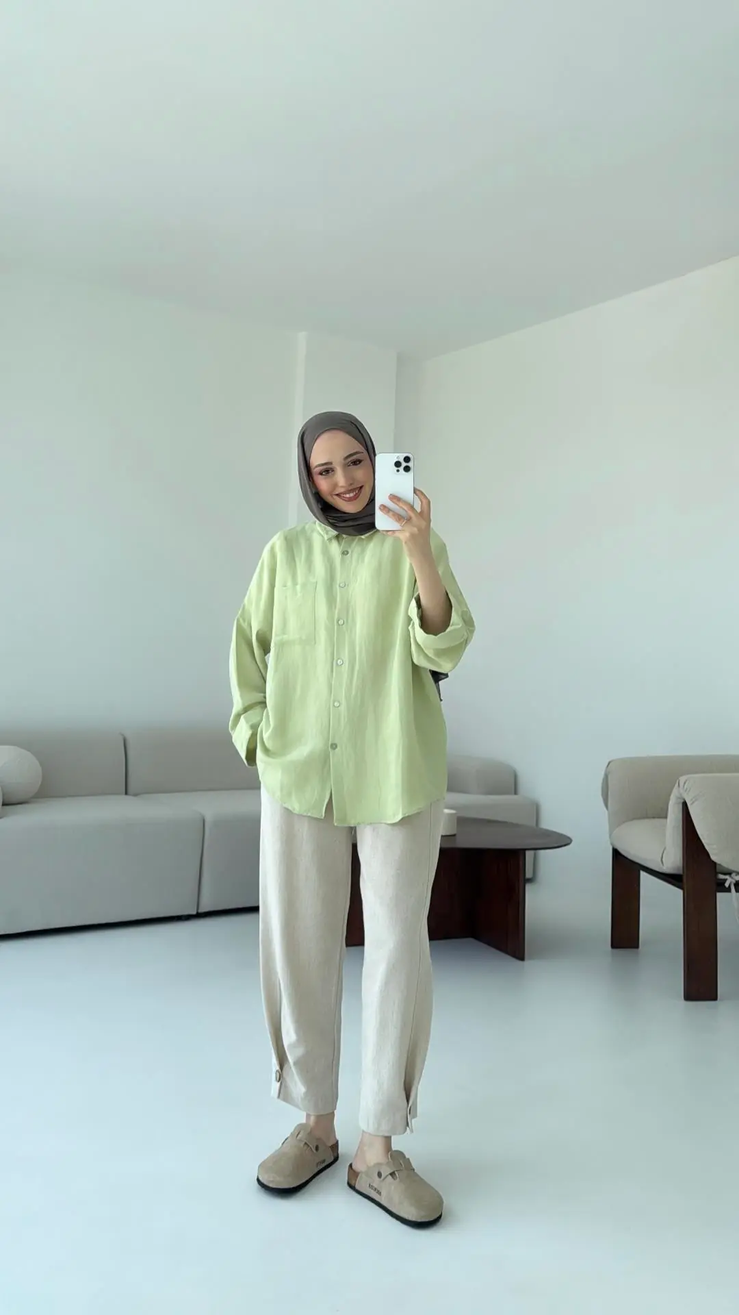 Linen Oversize Gömlek Lime - Görsel 5