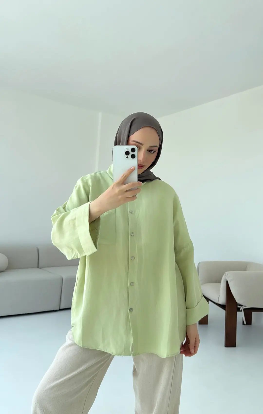 Linen Oversize Gömlek Lime - Görsel 7