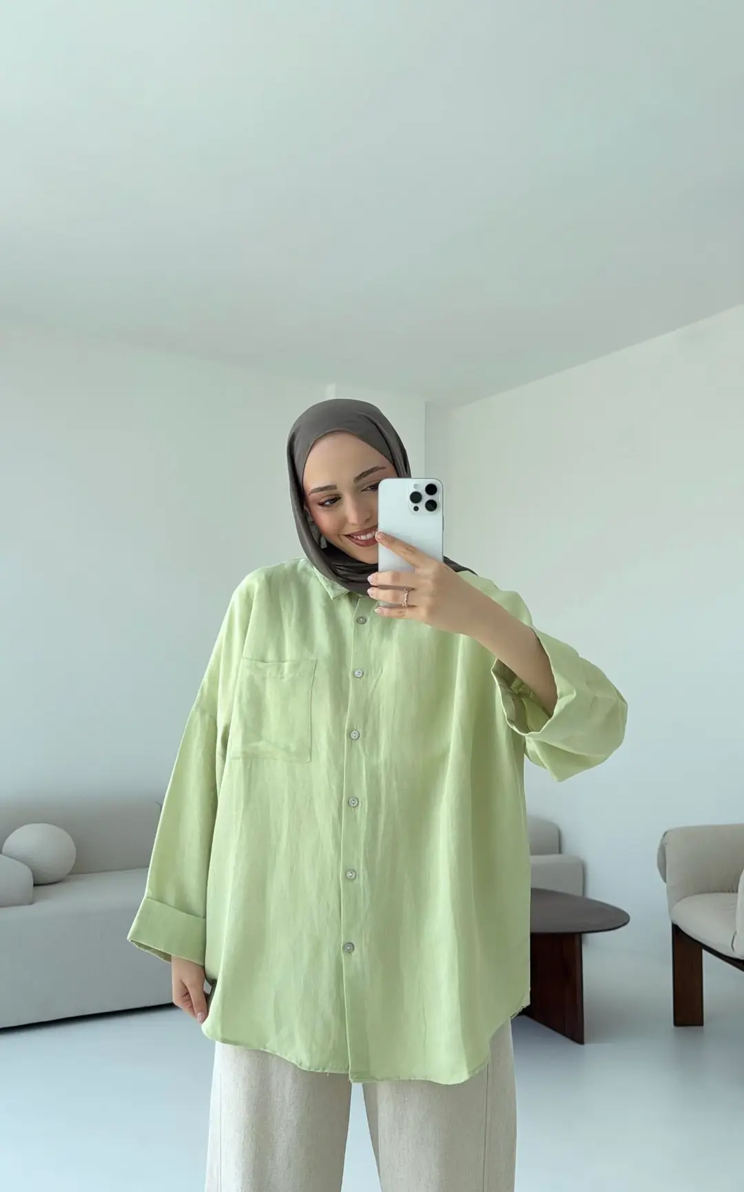 Linen Oversize Gömlek Lime - Görsel 8