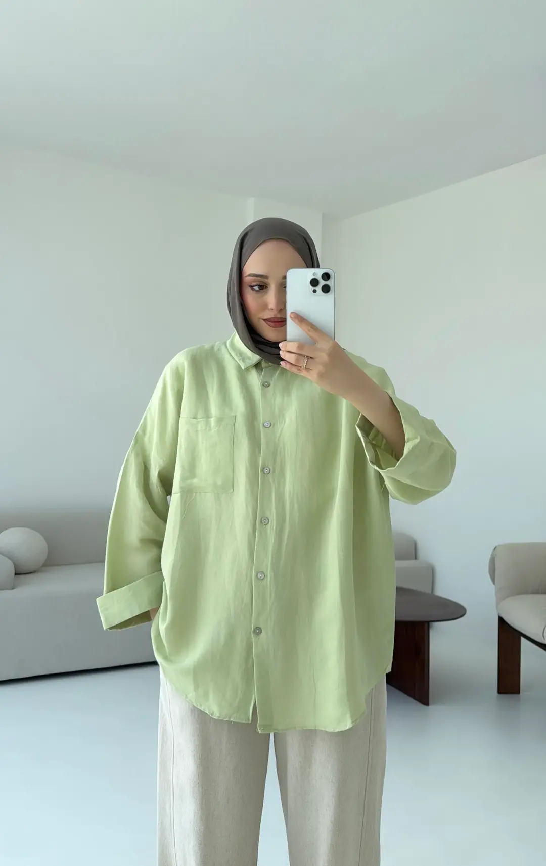 Linen Oversize Gömlek Lime - Görsel 9