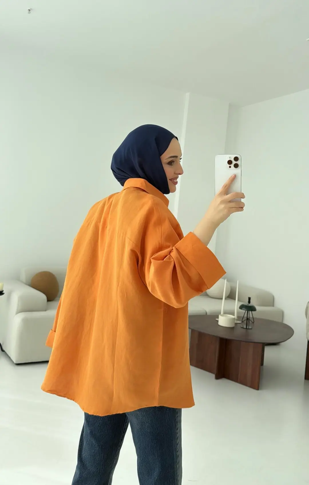 Linen Oversize Gömlek Orange - Görsel 2