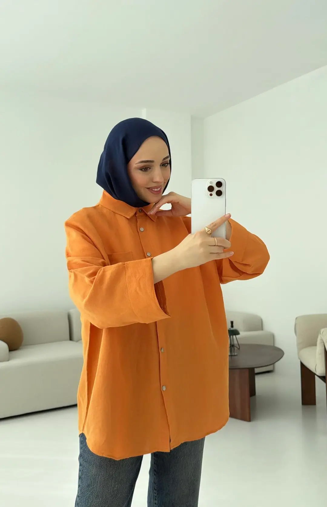 Linen Oversize Gömlek Orange - Görsel 3