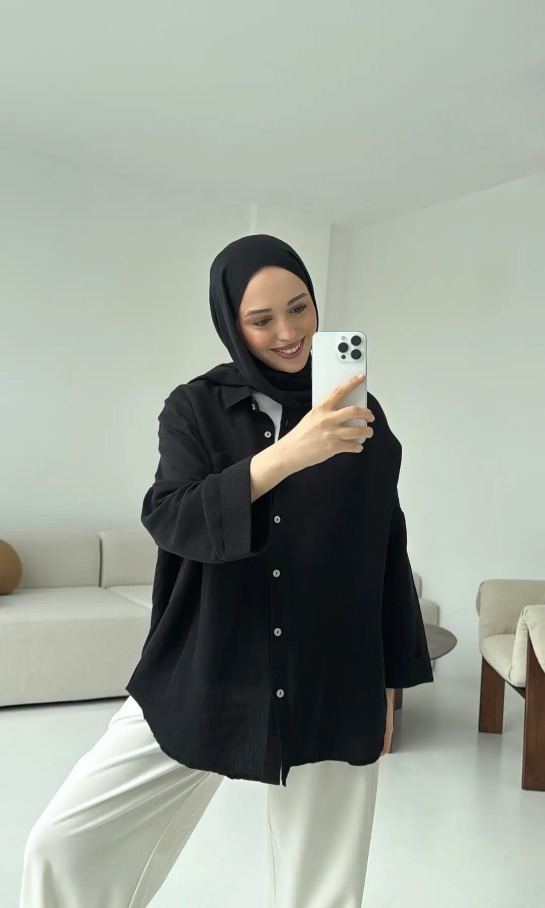 Linen Oversize Gömlek Siyah - Görsel 3